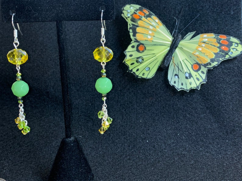 One of my new favorites Long Earrings in greens and yellows so cute! with lots of movement