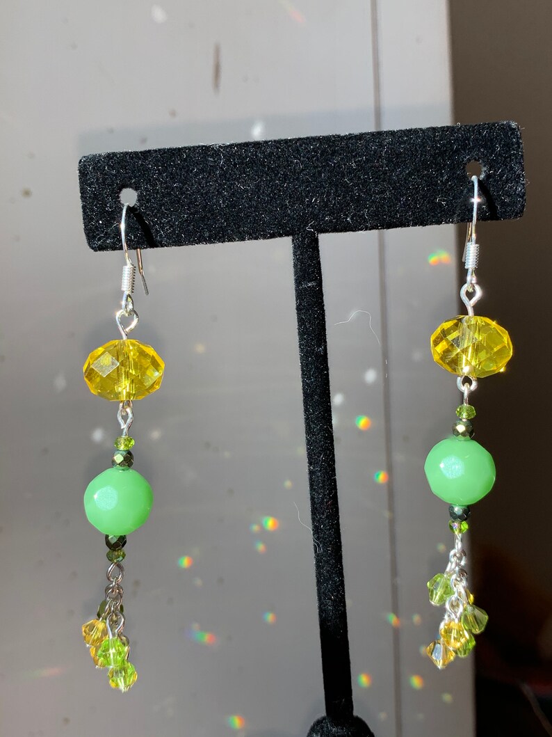 One of my new favorites Long Earrings in greens and yellows so cute! with lots of movement