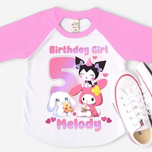 Sannrio Inspired Birthday T Shirt, Gift Trendy for Girls, Cinnmoroll, Meldy, Kurom theme Party, Personalized T-Shirt, Cinnmoroll Ranglan Tee
