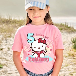 Inspired Kitty Birthday T Shirt, Gift Trendy for Girls, Candyland theme Party, Personalized Tee, Sannrio Party,  Gift for Girls, All Sizes