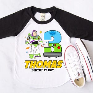 Three Infinity and Beyond Birthday Shirt: Personalized Family Buzz Theme Tee