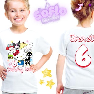 Kitty Inspired Birthday T Shirt, Gift Trendy for Girls, San rio theme Party, Personalized T-Shirt, Kitty and Friends Front & Back