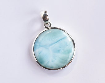 Natural Larimar Cabochon Pendant, Round larimar Pendant, Smooth Polished Gemstone Pendant, 925 Sterling Silver Pendant, Women Jewelry