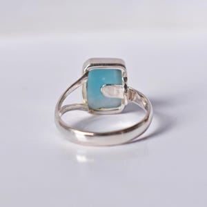 Lab Created Larimar Ring in 925 Sterling Silver, Rectangular Blue Stone Statement Ring, Split Shank Bezel Set Boho Jewelry Gift for Her