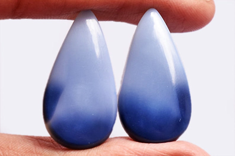 Flat Back Hand Polished Size 32x16x4.5 MM Earring Pair Natural Blue Opal Pair Cabochon Loose Gemstone Pear Shape OV-40