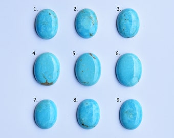 May include: Nine oval turquoise gemstones are displayed on a white background. Each stone has a unique shade and veining pattern, highlighting natural variations. The gemstones are numbered 1 to 9.