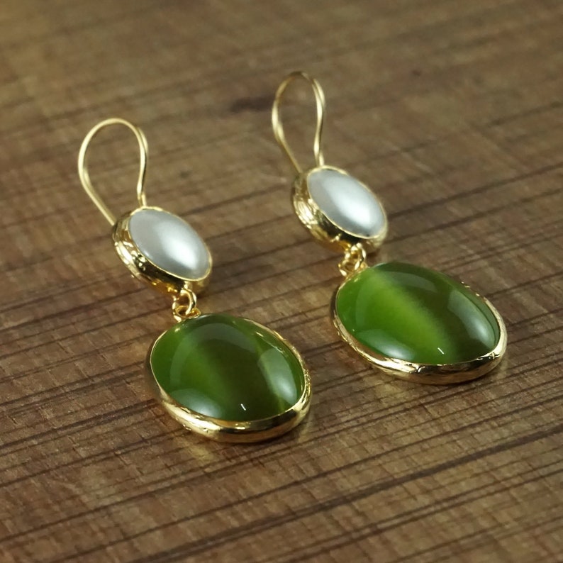Green Oval Cat Eye and Pearl Dangle Turkish Handmade Gemstone Statement Earring