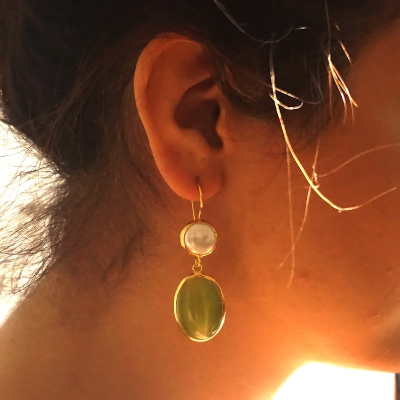Green Oval Cat Eye and Pearl Dangle Turkish Handmade Gemstone Statement Earring