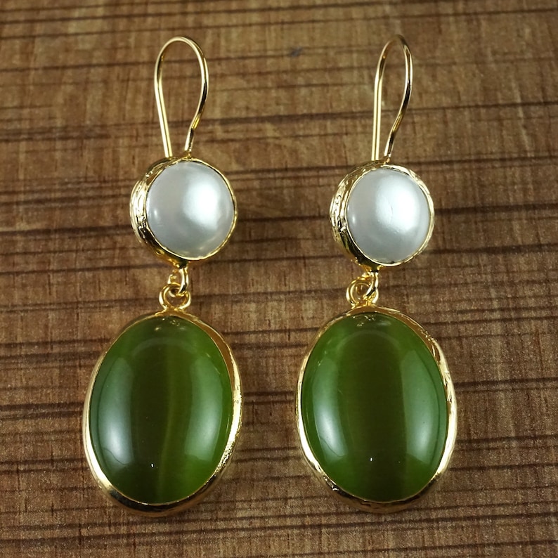 Green Oval Cat Eye and Pearl Dangle Turkish Handmade Gemstone Statement Earring