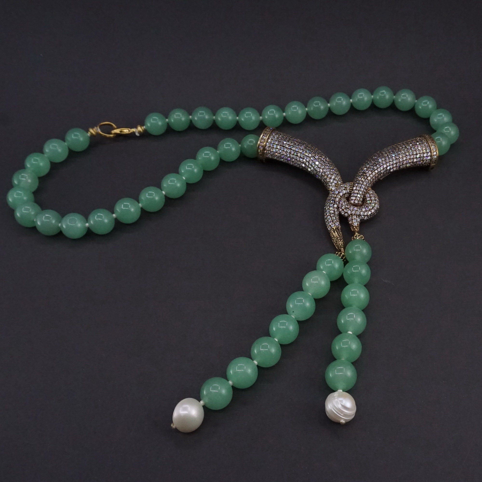 Light Green Jade beads Necklace Adorned With Zircon Crystals. | Etsy
