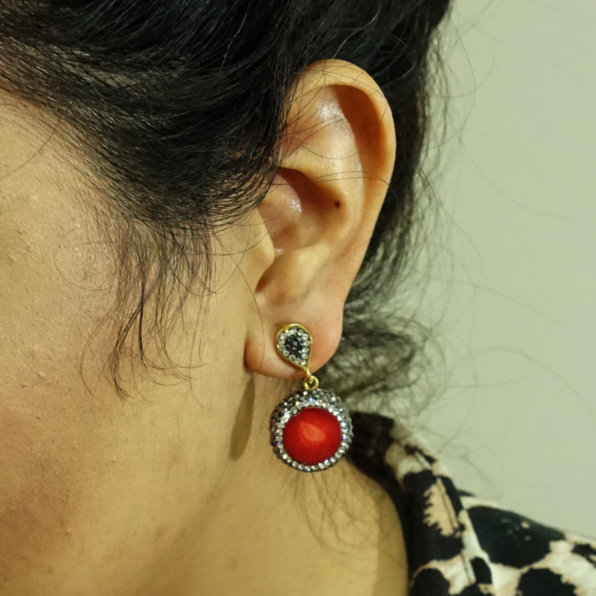Round Red Jade Earring Adorned with Zircon Crystals Handmade Etsy