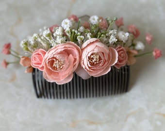 Coral floral hair comb