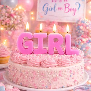 May include: A pink cake with the word "GIRL" spelled out in pink candle letters. The cake is decorated with pink frosting and sprinkles. The background includes balloons, cupcakes, and a sign that says "It's a Girl or Boy?"