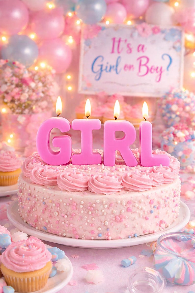May include: A pink cake with the word "GIRL" spelled out in pink candle letters. The cake is decorated with pink frosting and sprinkles. The background includes balloons, cupcakes, and a sign that says "It's a Girl or Boy?"