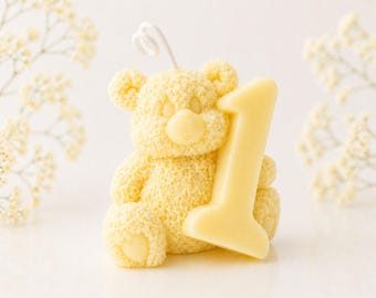 Teddy Bear First Birthday Candle: Handmade Soy Wax Cake Topper