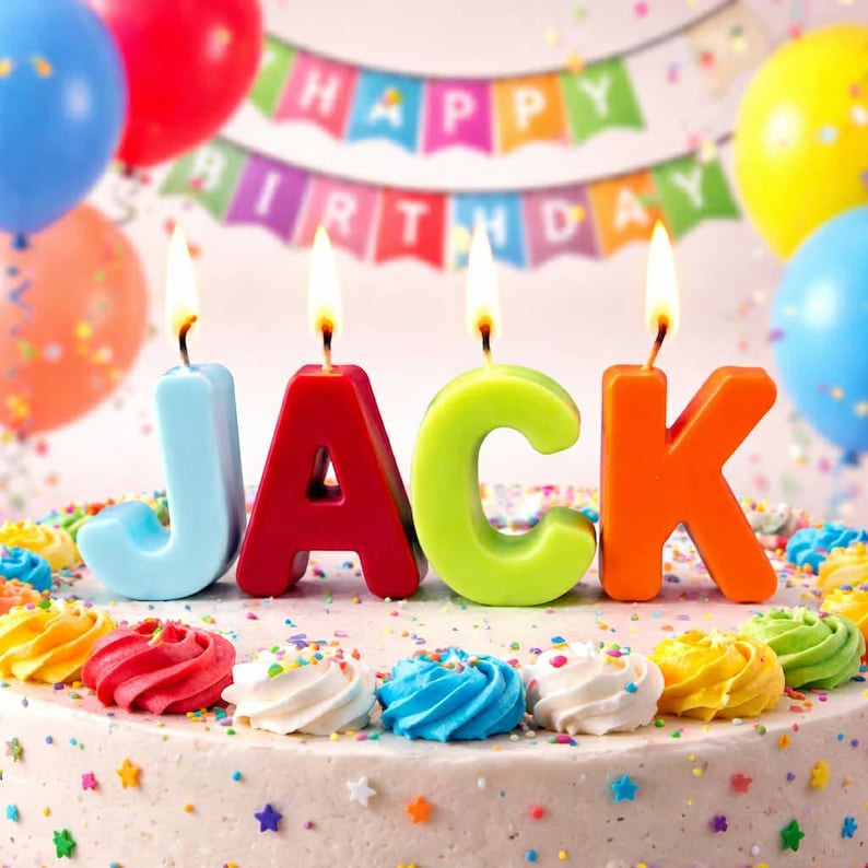 May include: A birthday cake with the name "JACK" spelled out in colorful, lit candles. The cake is decorated with colorful frosting swirls and sprinkles. Balloons and a banner that says "HAPPY BIRTHDAY" are in the background.