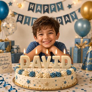 May include: A birthday cake with the name "DAVID" spelled out in candles. The cake is decorated with blue and white frosting and star-shaped sprinkles. A young person smiles in front of the cake, with balloons and gifts in the background.