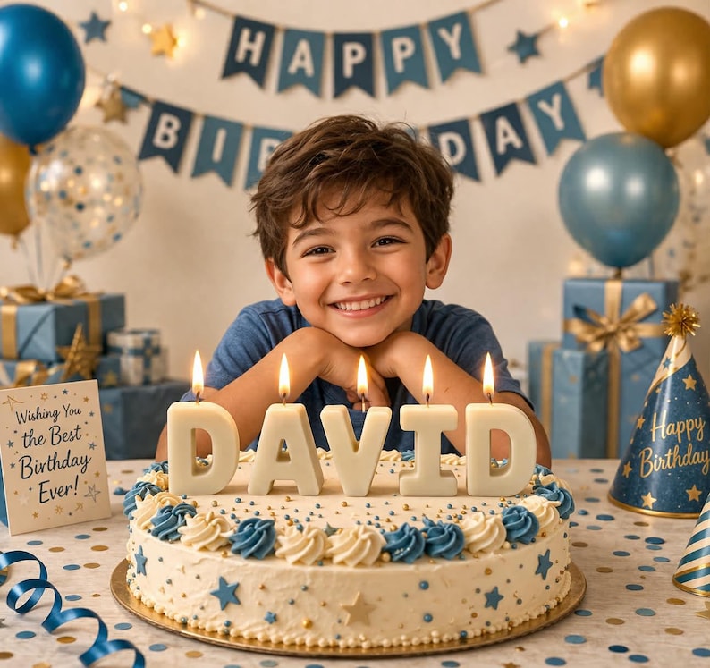 May include: A birthday cake with the name "DAVID" spelled out in candles. The cake is decorated with blue and white frosting and star-shaped sprinkles. A young person smiles in front of the cake, with balloons and gifts in the background.