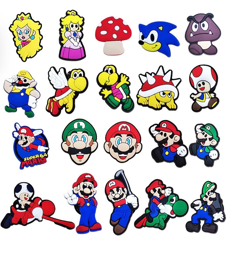 May include: A set of 20 colorful cartoon character shoe charms featuring characters from the Super Mario Bros. video game franchise, including Mario, Luigi, Princess Peach, Toad, Bowser, and more.