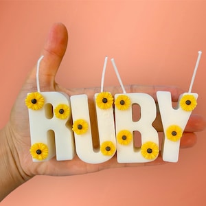 Personalized Birthday Candles: Soy Wax Letter Candles with Glitter & Flowers