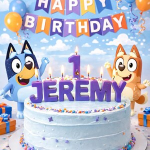 May include: A light blue birthday cake with the name "JEREMY" and the number "1" in purple candles. The cake is decorated with colorful sprinkles and surrounded by cartoon figures, balloons, and a banner that says "HAPPY BIRTHDAY".