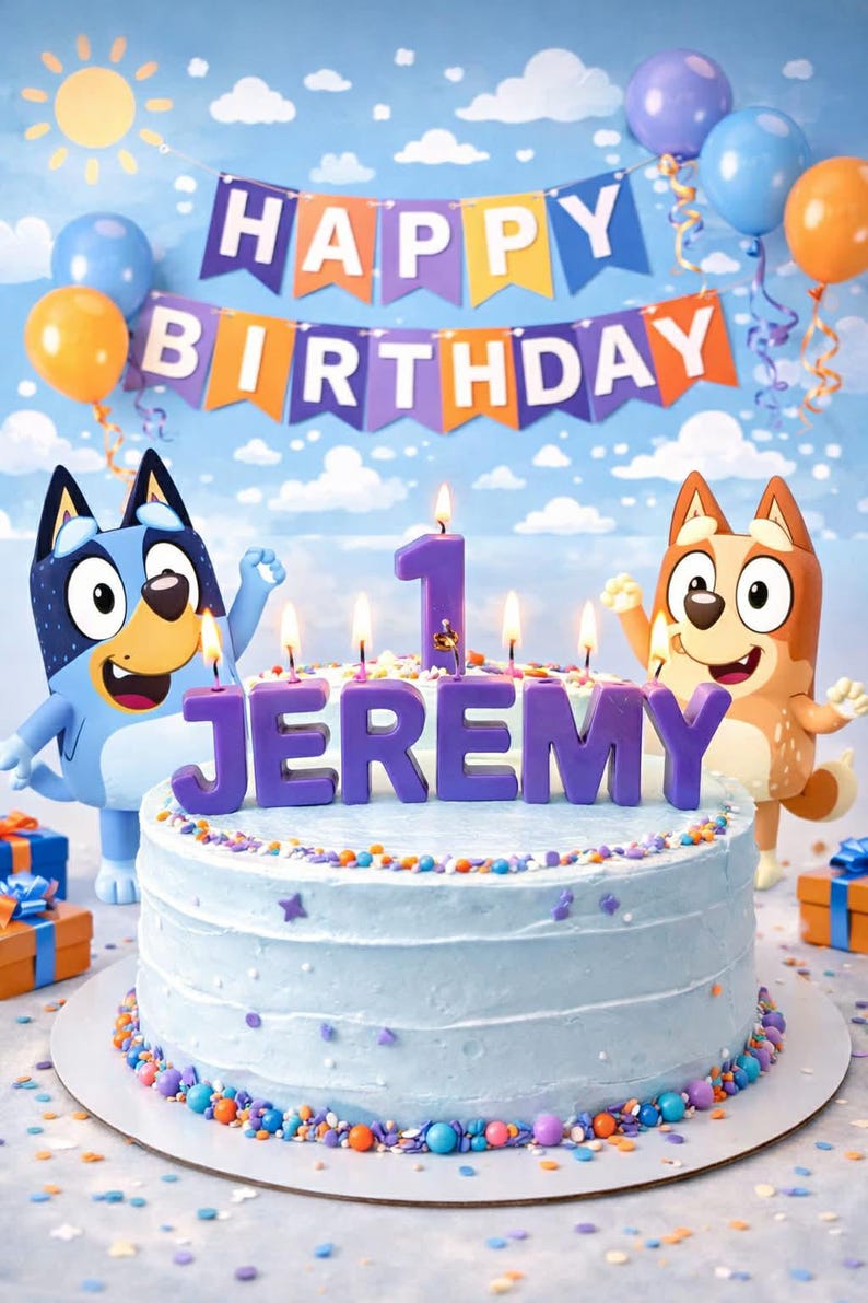 May include: A light blue birthday cake with the name "JEREMY" and the number "1" in purple candles. The cake is decorated with colorful sprinkles and surrounded by cartoon figures, balloons, and a banner that says "HAPPY BIRTHDAY".