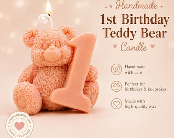 Handmade Teddy Bear first Birthday Candle, Soy Wax Cake Topper, Baby Shower Decor