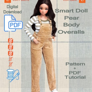 Puede incluir: Una Smart Doll con un mono de pana color canela y una camisa a rayas. La muñeca lleva zapatillas blancas. La imagen incluye texto: "DDK Patterns", "Digital Download", "Smart Doll Pear Body Overalls" y "Pattern + PDF Tutorial".