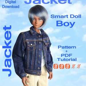 May include: A digital pattern for a denim jacket for a Smart Doll Boy. The image features the word "Jacket" in blue, along with "Digital Download" and "Pattern + PDF Tutorial". The doll is wearing a blue denim jacket and beige trousers.
