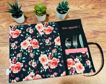 Customizable, reusable and washable fabric lunch placemat with utensil pouch