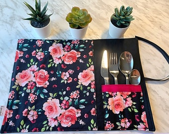 Customizable, reusable and washable fabric lunch placemat with utensil pouch