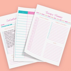 Könnte beinhalten: Drei druckbare Blätter für die Therapieplanung. Das oberste Blatt ist ein Therapieplaner mit einem Kalender für jeden Monat des Jahres. Das mittlere Blatt ist eine Checkliste für Evaluierungsberichte. Das unterste Blatt ist ein leeres Blatt für Notizen.