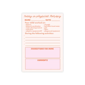 Könnte beinhalten: Ein cremefarbenes Physiotherapieformular mit pfirsichfarbenem Text und Akzenten. Das Formular enthält Abschnitte für Name, Datum und eine Checkliste mit Aktivitäten wie Gleichgewicht und Ausdauer. Es gibt auch Bereiche für Aktivitätsdetails, Vorschläge für zu Hause und Kommentare.
