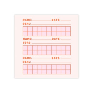 Puede incluir: Una página de planificador imprimible con tres secciones para hacer un seguimiento de los objetivos. Cada sección tiene un espacio para un nombre, una fecha y una cuadrícula con 30 cuadrados.