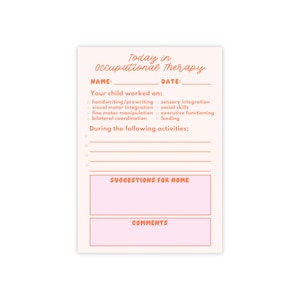 Könnte beinhalten: Ein cremefarbenes Ergotherapieformular mit pfirsichfarbenem Text und Kästchen. Das Formular enthält Abschnitte für Name, Datum und eine Liste von Aktivitäten wie Handschrift, sensorische Integration und soziale Fähigkeiten.