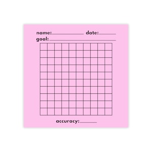 Könnte beinhalten: Ein rosa bedruckbares Rasterblatt mit den Worten "Name", "Datum", "Ziel" und "Genauigkeit" oben und unten. Das Blatt ist in ein Raster von 10 Zeilen und 10 Spalten unterteilt.