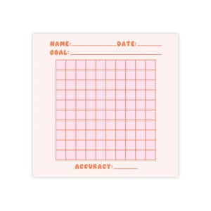 Könnte beinhalten: Ein bedruckbares rosa und orangefarbenes Gitterblatt mit den Worten "NAME:", "DATE:", "GOAL:" und "ACCURACY:" oben und unten.