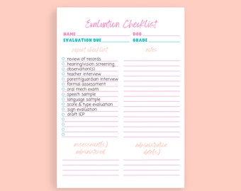 Printable Speech Language Evaluation Checklist | SLP Printable Evaluation Checklist Sheet | Speech Therapy | Planning Organization for SLPs