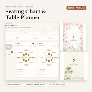 May include: A digital seating chart and table planner template featuring a live tracking interface with guest lists and table layouts. Includes two printable card designs: one with pink floral illustrations and one with a tropical beach scene.
