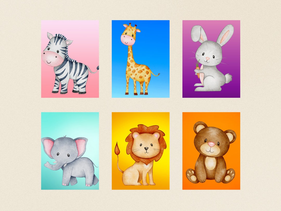 Printable Set of 6 Colorful Safari Animals for Baby Room, Safari