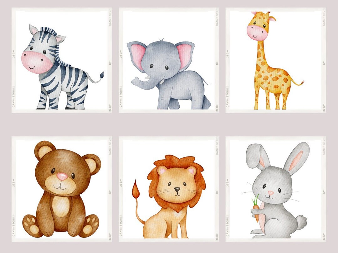 Printable Set of 6 Safari Animals for Baby Room, Neutral Nursery Wall ...
