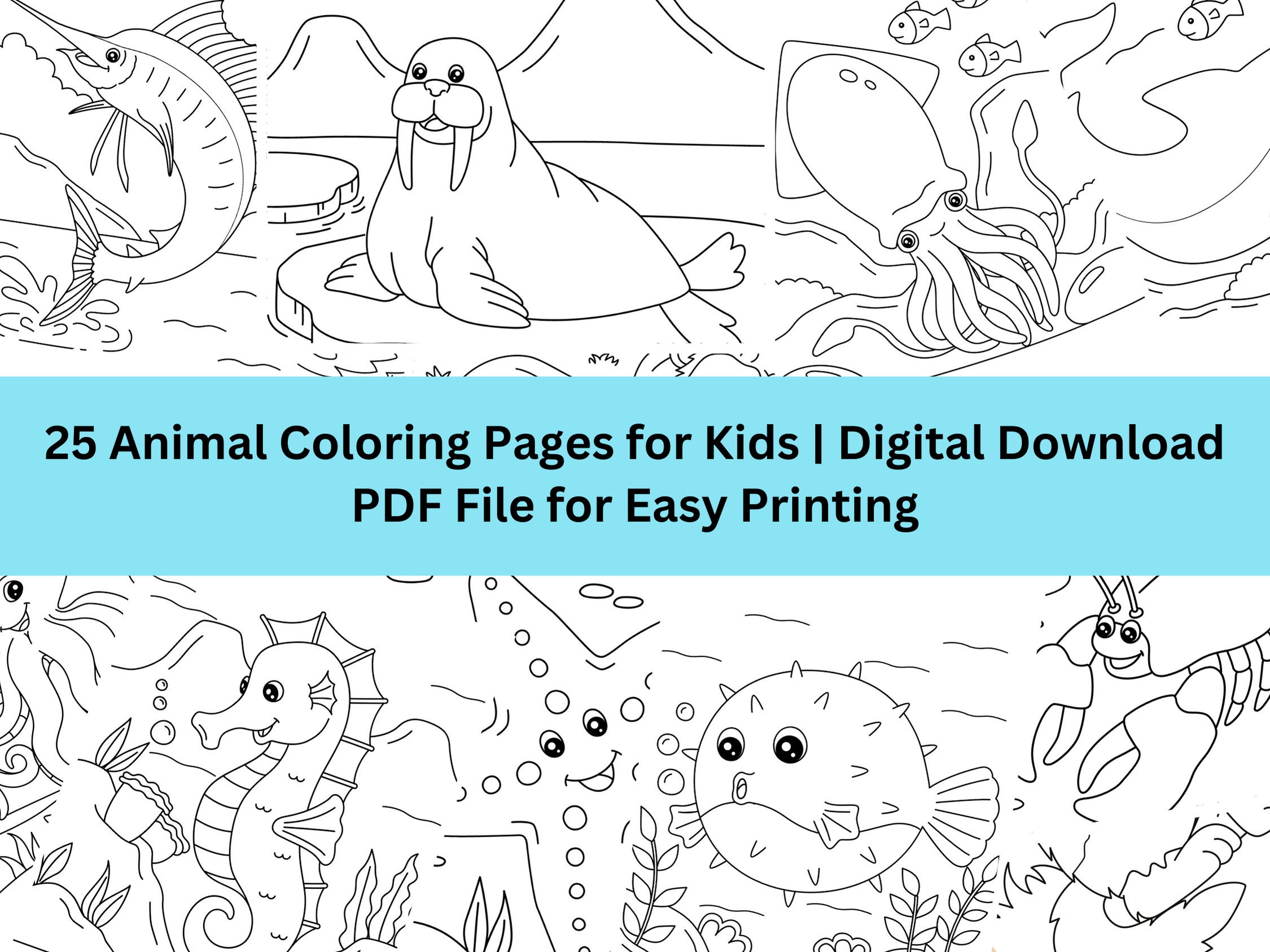15 Sea Creature Coloring Pages for Kids, Printable PDF With 15 Pages