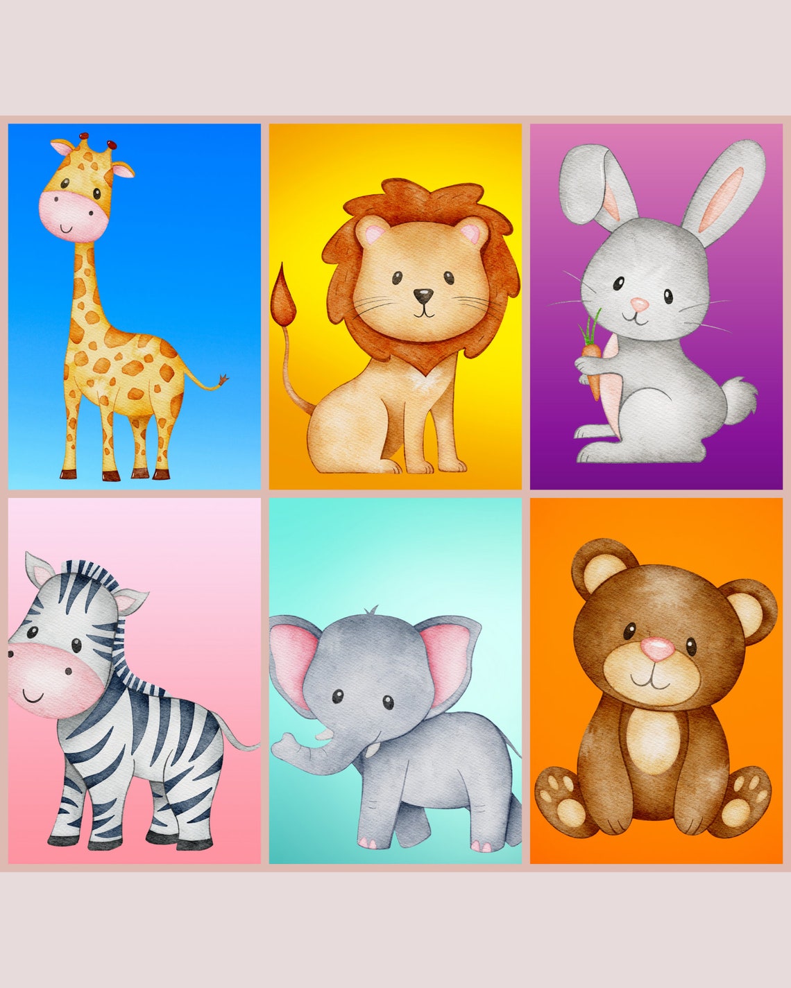 Printable Set of 6 Colorful Safari Animals for Baby Room, Safari