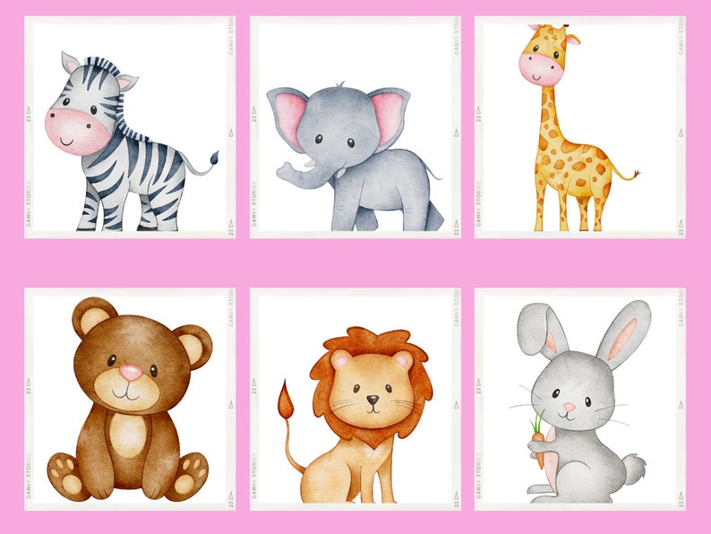 Printable Set of 6 Safari Animals for Baby Room, Neutral Nursery Wall