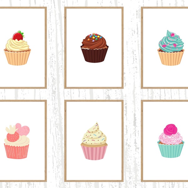 Ensemble de 6 dessins de cupcakes imprimables, décor mural de salle de jeux pour enfants, art mural de cupcake pour enfants, décor mural de cupcake, décor de cupcake pour chambre de bambin