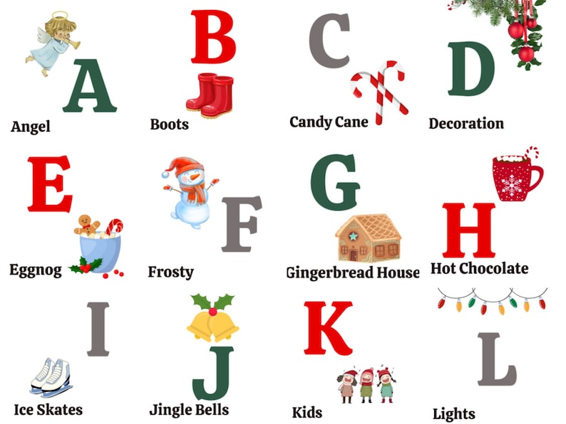 AZ Printable Christmas Alphabet Letters, AZ Christmas Word Cards
