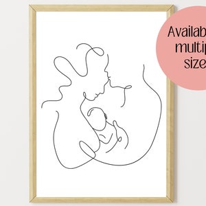 One Line Drawing Wall Art Print of Parents Holding Baby, First Father&#39;s Day Printable, Instant Download, Line Drawing Mom Dad Baby, Line Art