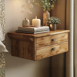 Farmhouse floating table for bedroom handmade floating nightstand with drawer natural wood bedside shelf rustic bedside table gift for home