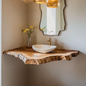 Handcrafted live edge bathroom vanity shelf rustic floating vanity desk shelf wall mounted brackets bathroom decor housewarming gift