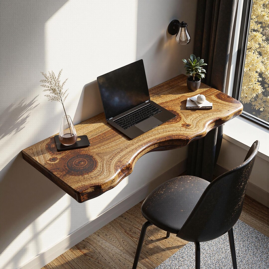Rustic Live Edge Shelf Handcrafted Floating Desk Handmade Wall Mounted ...